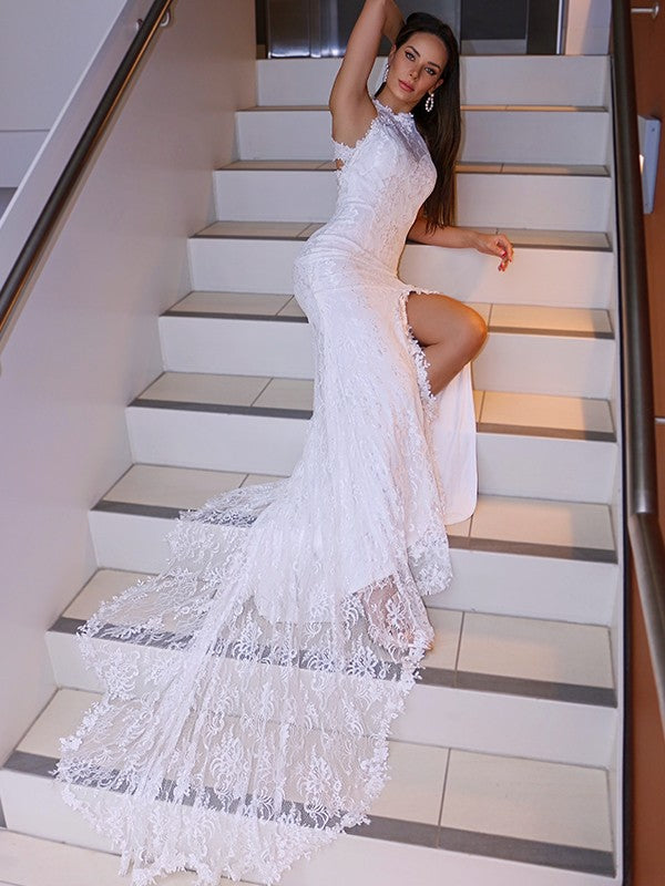 Robe de mariée en dentelle sans manches, dos nu, traîne courte